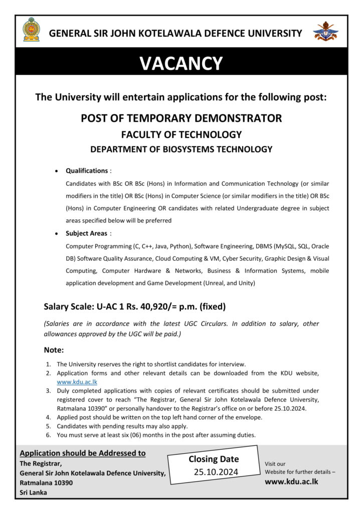 Job Vacancies in Sri Lanka: - Temporary Demonstrator - General Sir John Kotelawala Defence University