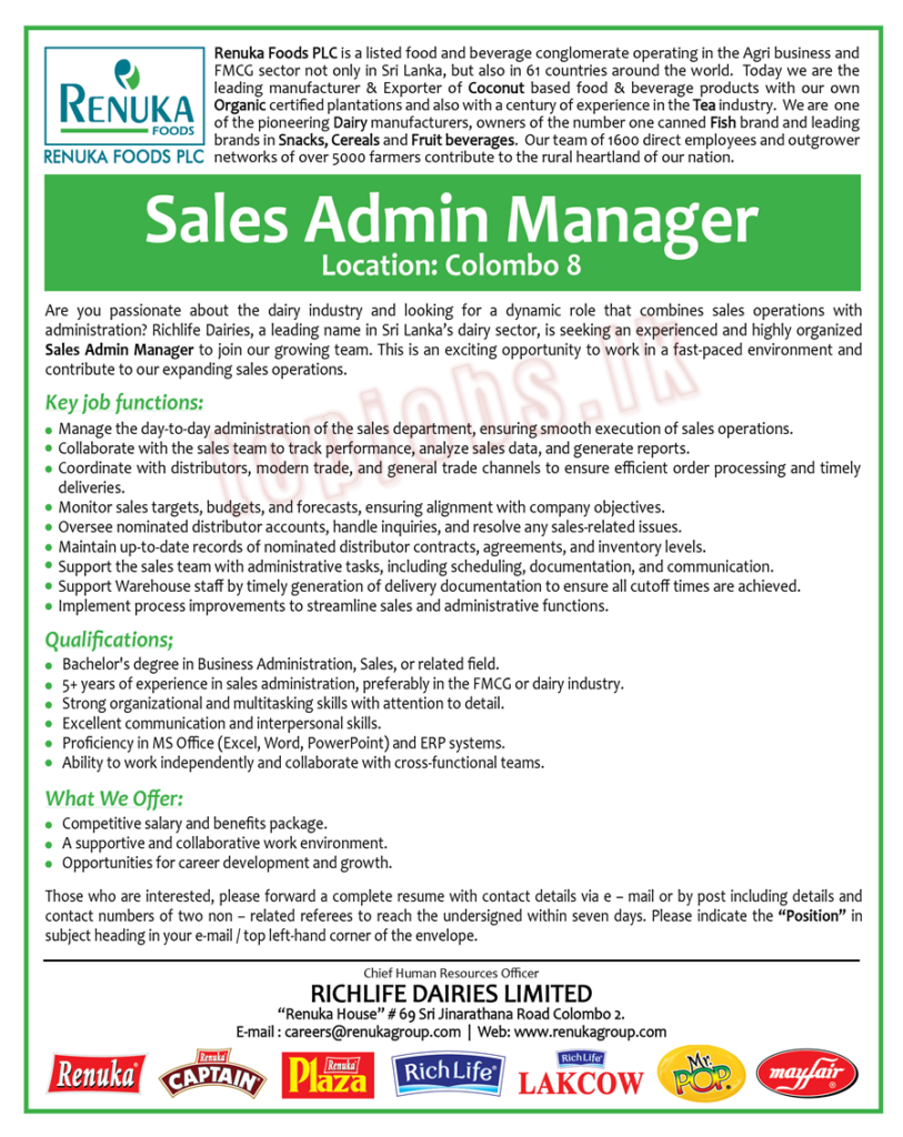 Job Vacancies in Sri Lanka: - Sales Admin Manager - Renuka Agri Foods PLC