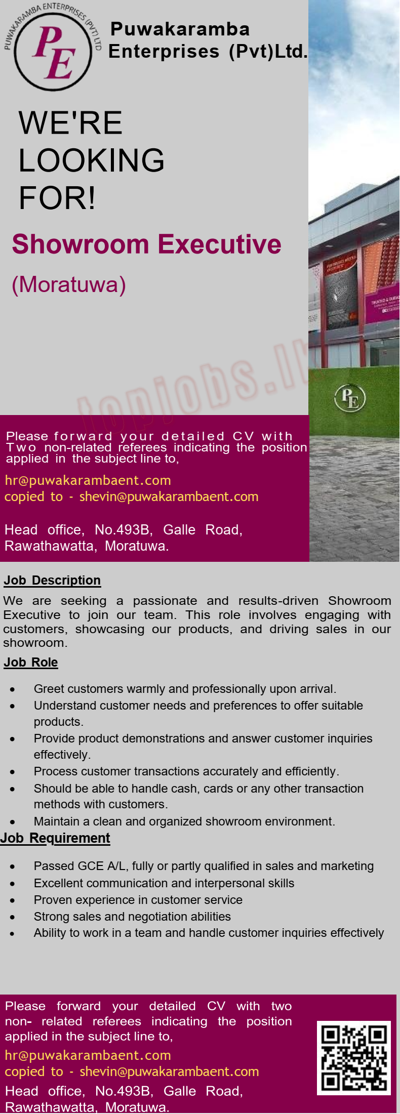 Job Vacancies in Sri Lanka: - Showroom Executive - Puwakaramba Enterprises (Pvt)Ltd