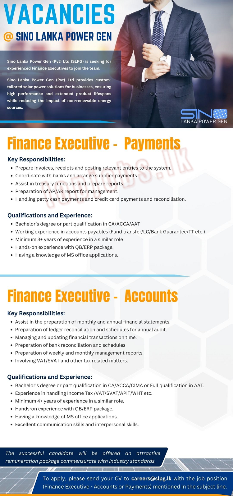 Job Vacancies in Sri Lanka: - Finance Executive - Payments | Finance Executive - Accounts - Sino Lanka Power Gen