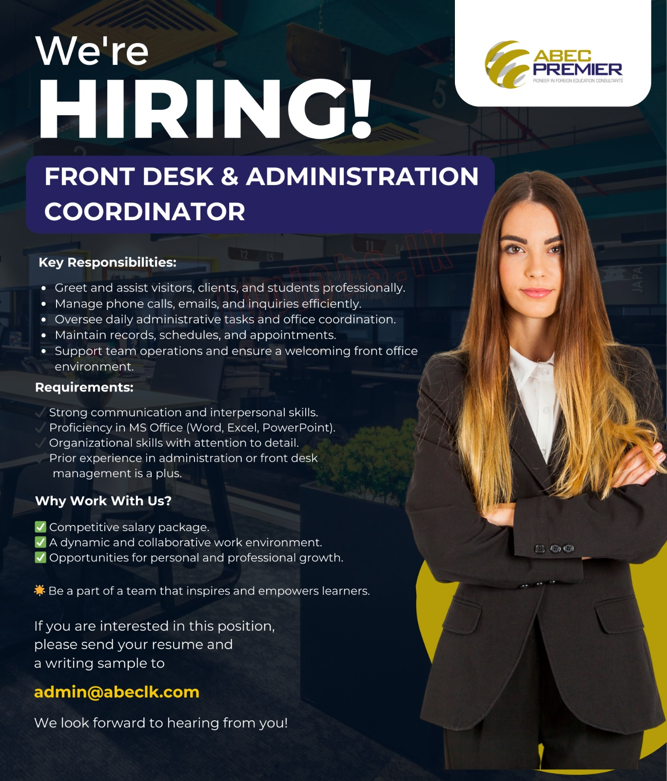 Job Vacancies in Sri Lanka: - Front Desk & Administration Coordinator - Australian Business Education Center (Pvt) Ltd