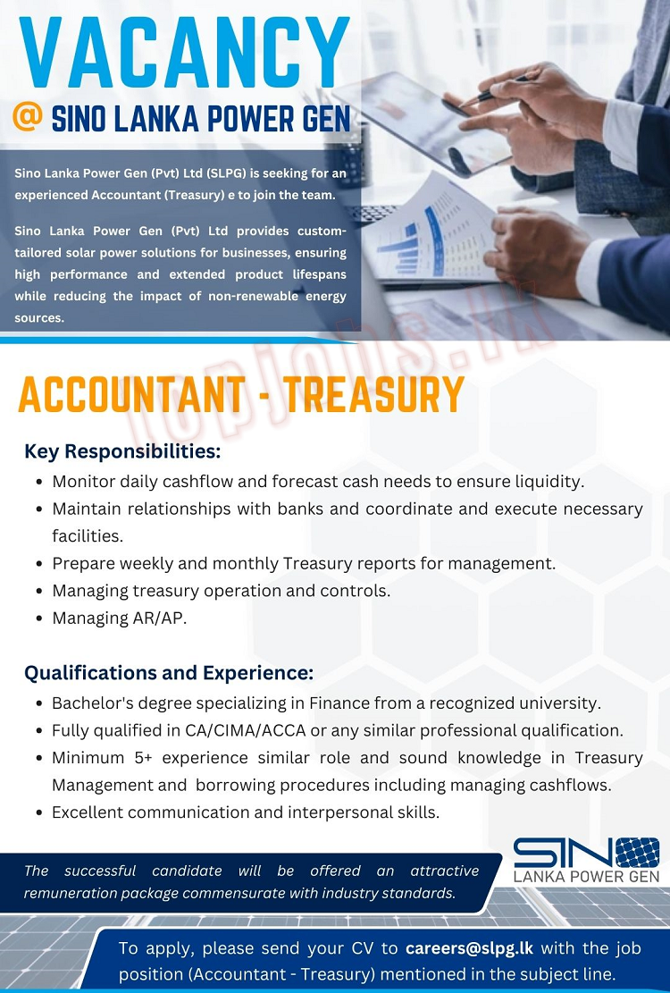 Job Vacancies in Sri Lanka: - Accountant - Treasury - Sino Lanka Power Gen