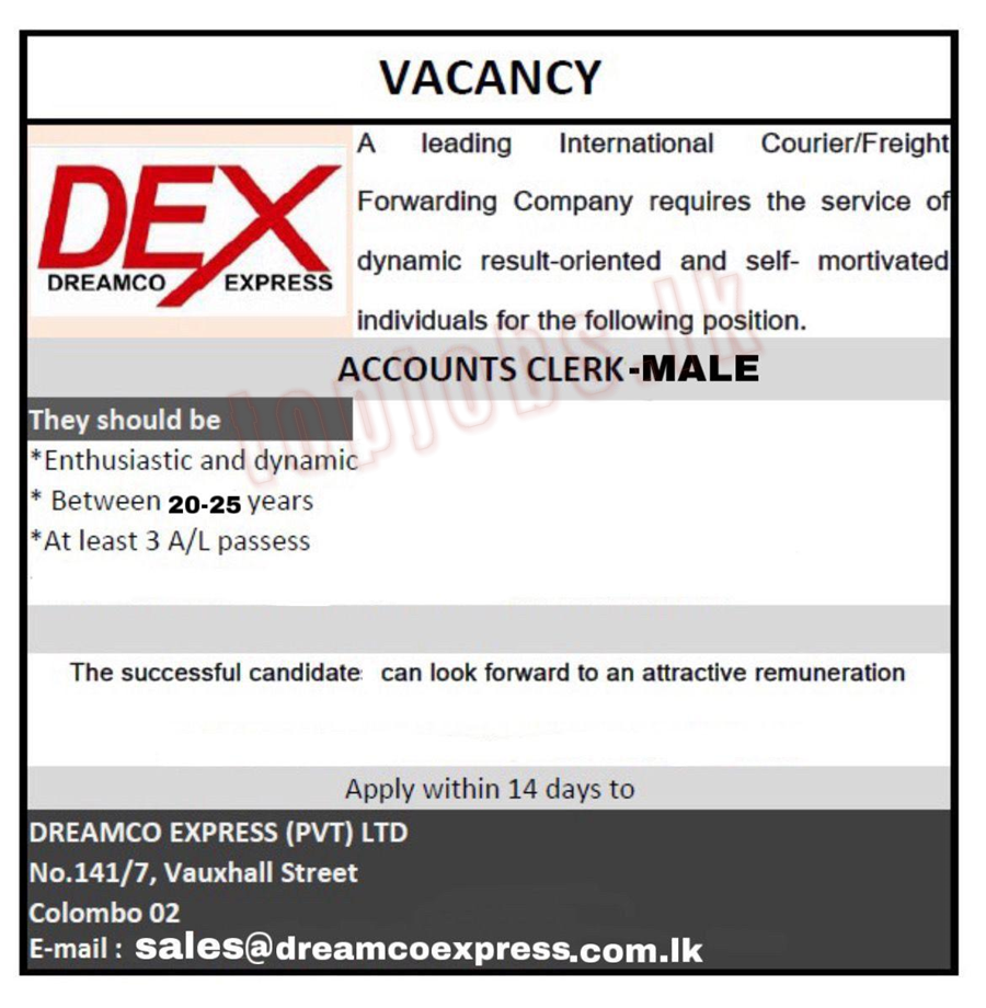 Job Vacancies in Sri Lanka: - Accounts Clerk - Male - Dreamco Express (Pvt) Ltd