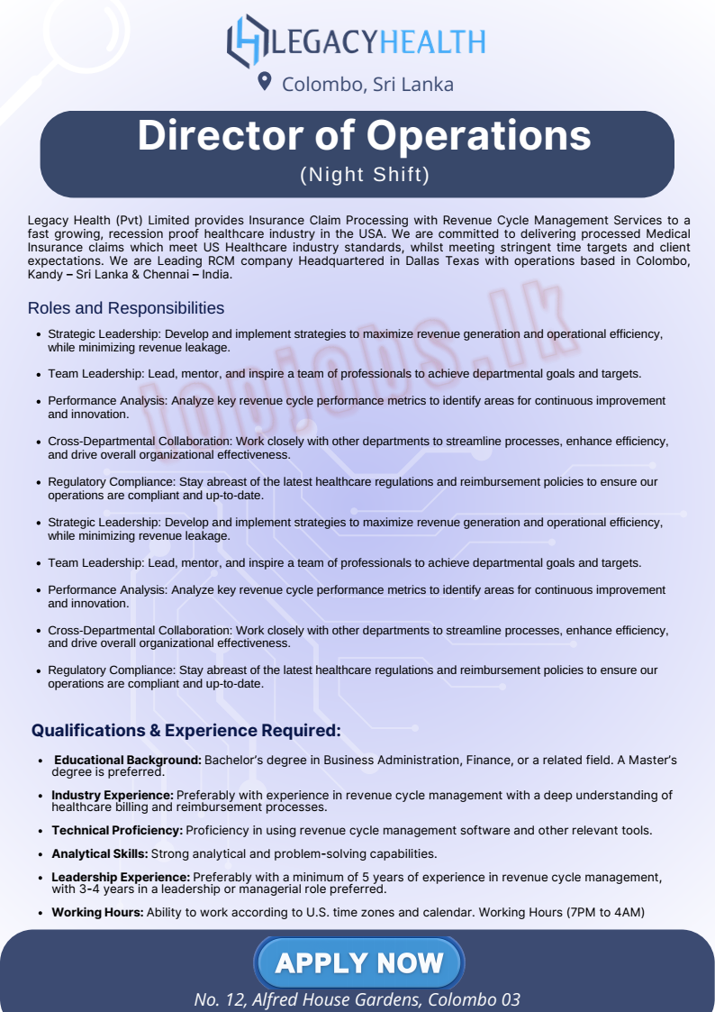 Job Vacancies in Sri Lanka - Director of Operations (Night Shift) - Legacy Health